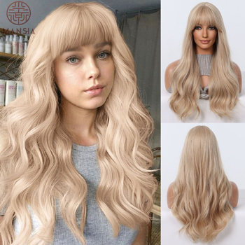 Perucă lungă, buclată, cu breton pentru femei - fibre sintetice rezistente la temperaturi înalte, aspect natural, nu poate fi vopsită sau permutată
