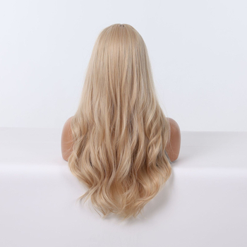 Perucă lungă, buclată, cu breton pentru femei - fibre sintetice rezistente la temperaturi înalte, aspect natural, nu poate fi vopsită sau permutată