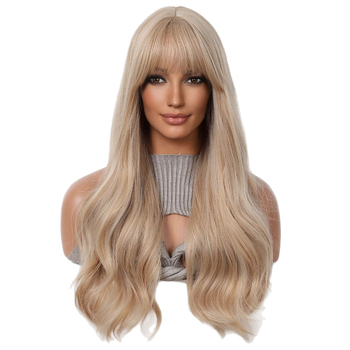 Perucă lungă, buclată, cu breton pentru femei - fibre sintetice rezistente la temperaturi înalte, aspect natural, nu poate fi vopsită sau permutată