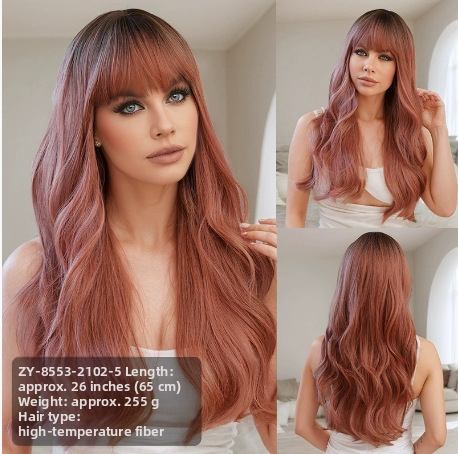 Perucă lungă, buclată, cu breton pentru femei - fibre sintetice rezistente la temperaturi înalte, aspect natural, nu poate fi vopsită sau permutată