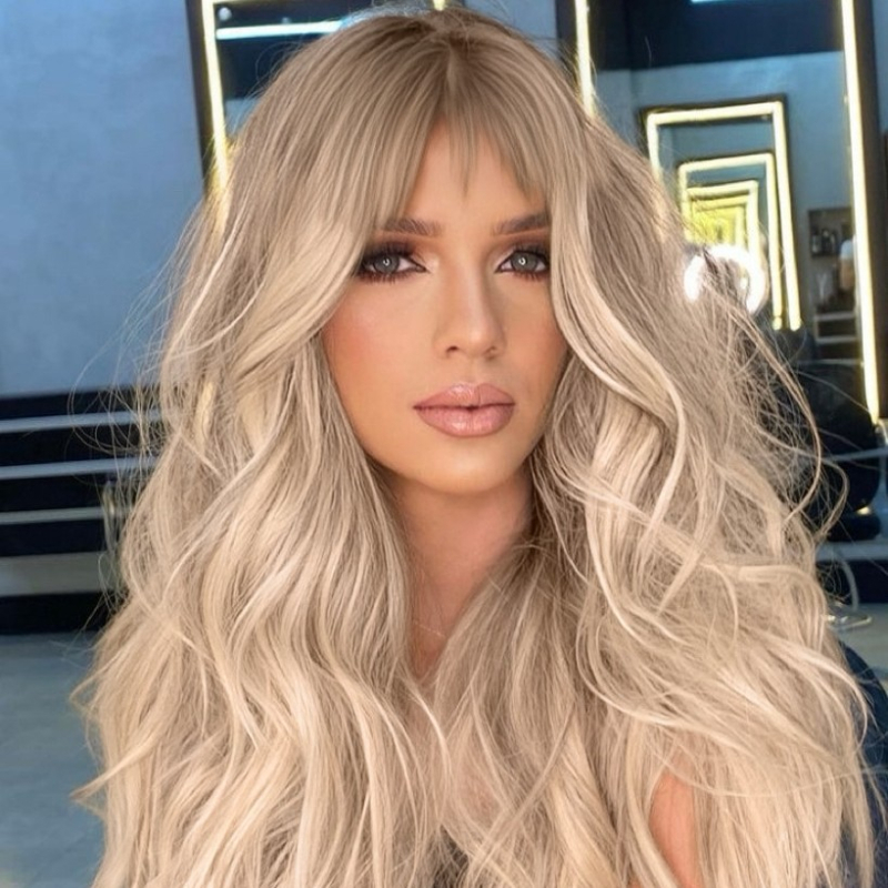 Perucă lungă, buclată, cu breton pentru femei - fibre sintetice rezistente la temperaturi înalte, aspect natural, nu poate fi vopsită sau permutată