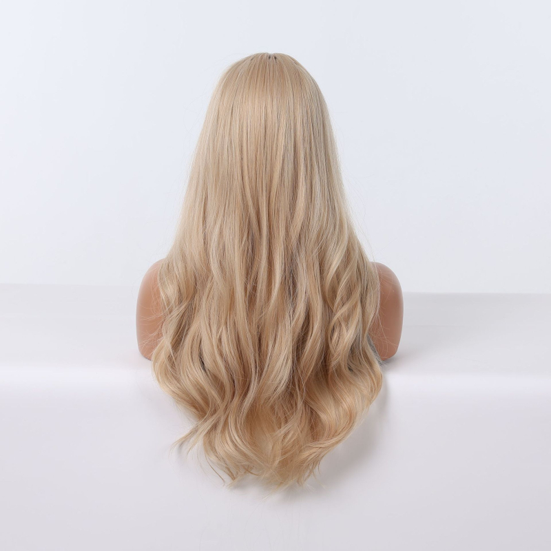 Perucă lungă, buclată, cu breton pentru femei - fibre sintetice rezistente la temperaturi înalte, aspect natural, nu poate fi vopsită sau permutată