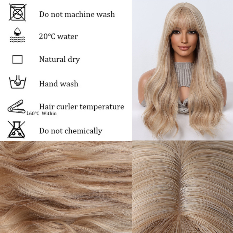 Perucă lungă, buclată, cu breton pentru femei - fibre sintetice rezistente la temperaturi înalte, aspect natural, nu poate fi vopsită sau permutată