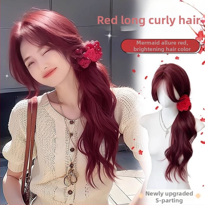 Perucă pentru femei, acoperire totală a capului, breton mediu, păr lung buclat, aspect natural, fibră rezistentă la temperatură înaltă