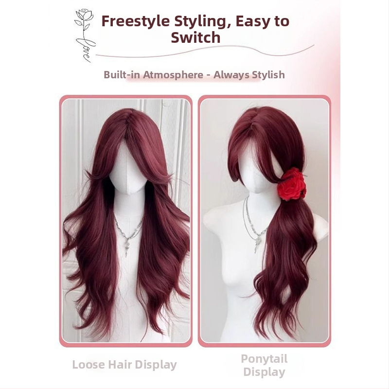 Perucă pentru femei, acoperire totală a capului, breton mediu, păr lung buclat, aspect natural, fibră rezistentă la temperatură înaltă