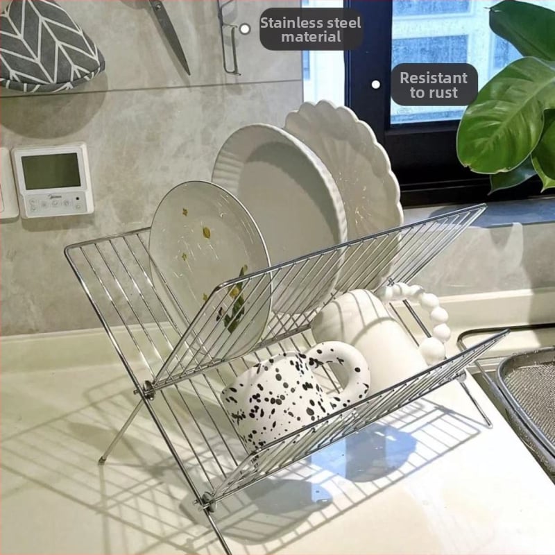 Raft de vase pliabil, tip X, cu două niveluri, pentru blat, cu tavă pentru apă