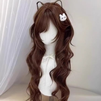 Perucă lungă bucle cu despărțire mijlocie și breton — stil natural, păr din mătase proteică / mătase cu flange, procesare mecanică