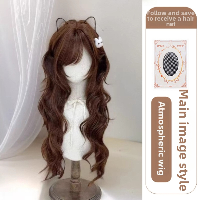 Perucă lungă bucle cu despărțire mijlocie și breton — stil natural, păr din mătase proteică / mătase cu flange, procesare mecanică