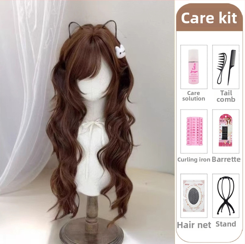 Perucă lungă bucle cu despărțire mijlocie și breton — stil natural, păr din mătase proteică / mătase cu flange, procesare mecanică