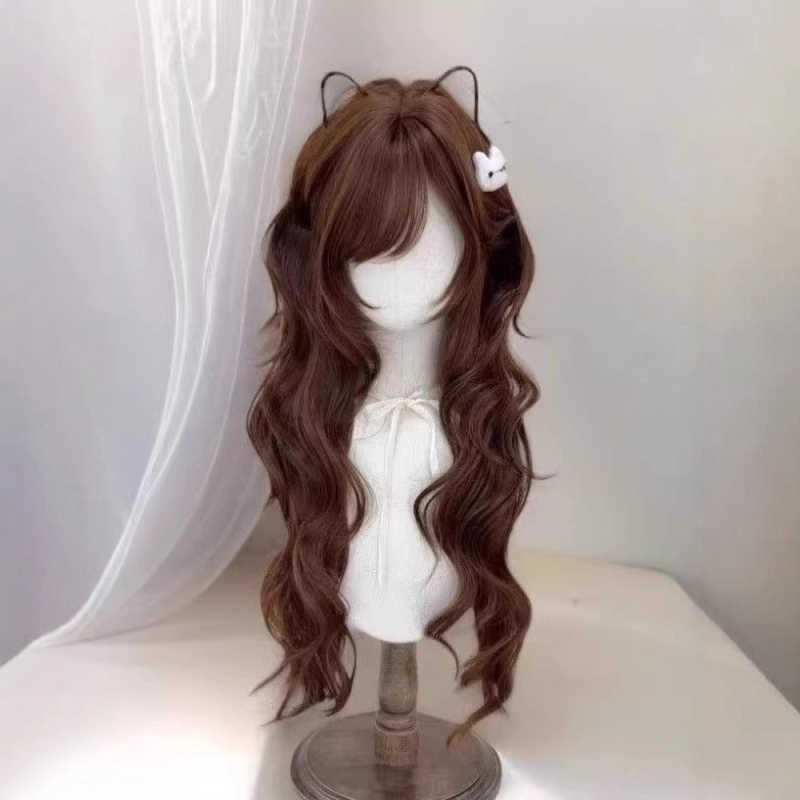 Perucă lungă bucle cu despărțire mijlocie și breton — stil natural, păr din mătase proteică / mătase cu flange, procesare mecanică