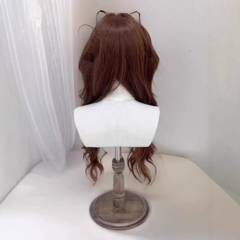 Perucă lungă bucle cu despărțire mijlocie și breton — stil natural, păr din mătase proteică / mătase cu flange, procesare mecanică