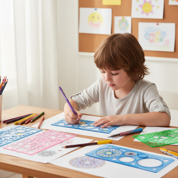 Set de rigle din plastic pentru elevii de școală primară, cu șabloane perforate pentru desen, rigle centimetru, variante 1/2/4/7 bucăți; greutate netă 100 g; ambalaj pungă/cutie; imprimare siglă disponibilă.