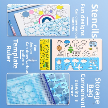 Set de rigle din plastic pentru elevii de școală primară, cu șabloane perforate pentru desen, rigle centimetru, variante 1/2/4/7 bucăți; greutate netă 100 g; ambalaj pungă/cutie; imprimare siglă disponibilă.