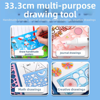 Set de rigle din plastic pentru elevii de școală primară, cu șabloane perforate pentru desen, rigle centimetru, variante 1/2/4/7 bucăți; greutate netă 100 g; ambalaj pungă/cutie; imprimare siglă disponibilă.