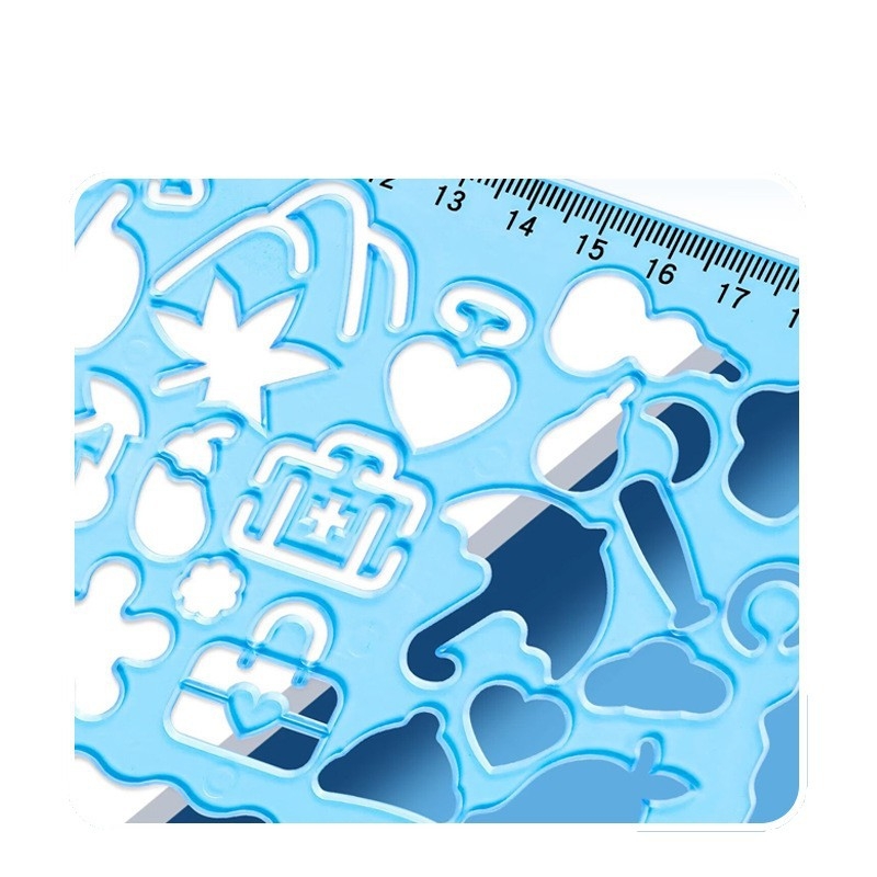 Set de rigle din plastic pentru elevii de școală primară, cu șabloane perforate pentru desen, rigle centimetru, variante 1/2/4/7 bucăți; greutate netă 100 g; ambalaj pungă/cutie; imprimare siglă disponibilă.