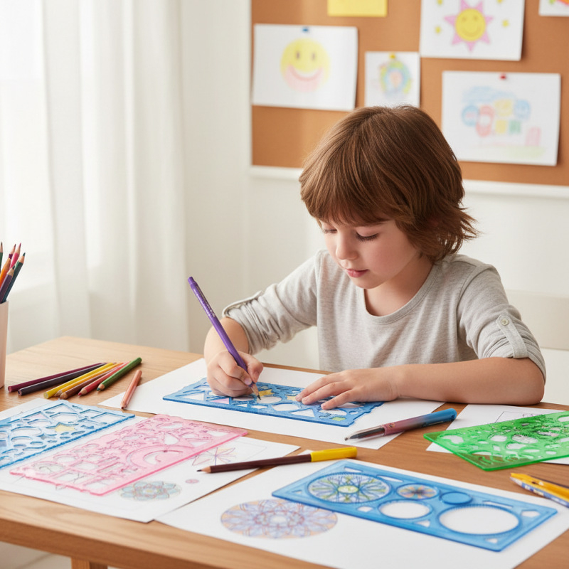 Set de rigle din plastic pentru elevii de școală primară, cu șabloane perforate pentru desen, rigle centimetru, variante 1/2/4/7 bucăți; greutate netă 100 g; ambalaj pungă/cutie; imprimare siglă disponibilă.