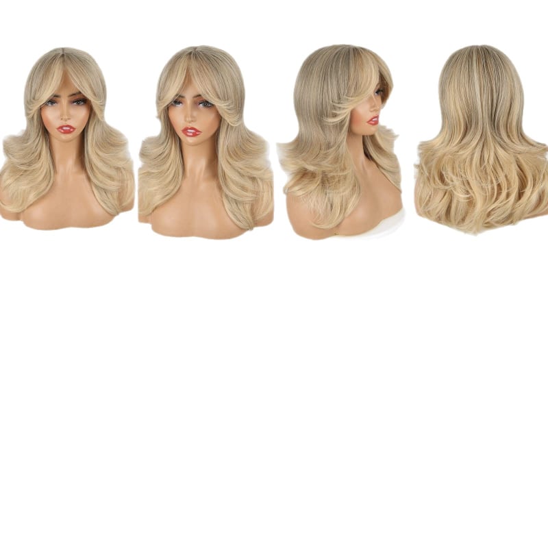 Model A-50 Perucă lungă buclată pentru femei, Fire de înaltă temperatură, păr lung buclat, Parte medie, Construcție cu mecanism