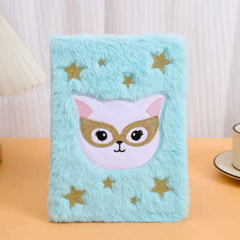 Carnet cu husă plușată și design pisică cu ochelari, legare cu adeziv, hârtie forestieră, 70 g/m²