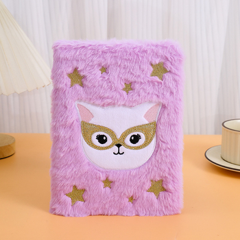 Carnet cu husă plușată și design pisică cu ochelari, legare cu adeziv, hârtie forestieră, 70 g/m²
