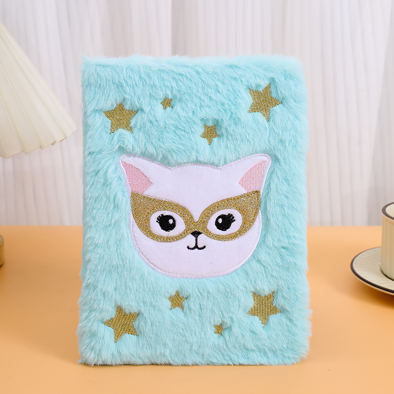 Carnet cu husă plușată și design pisică cu ochelari, legare cu adeziv, hârtie forestieră, 70 g/m²