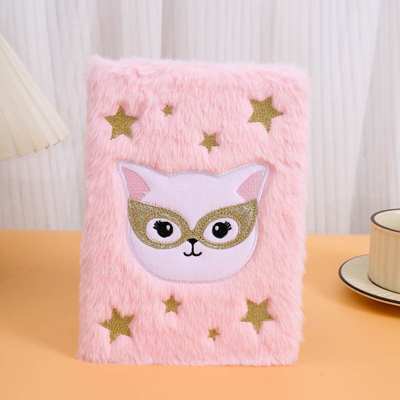 Carnet cu husă plușată și design pisică cu ochelari, legare cu adeziv, hârtie forestieră, 70 g/m²