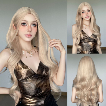 Perucă pentru femei: păr lung buclat cu breton diagonal, fibre rezistente la căldură