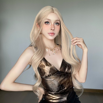 Perucă pentru femei: păr lung buclat cu breton diagonal, fibre rezistente la căldură