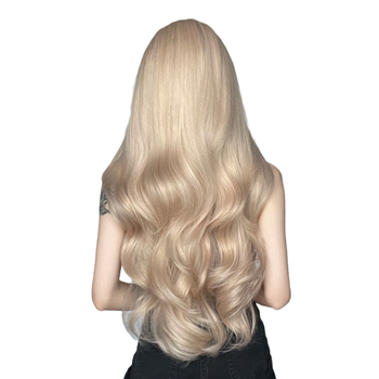 Perucă pentru femei: păr lung buclat cu breton diagonal, fibre rezistente la căldură
