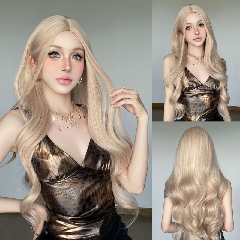 Perucă pentru femei: păr lung buclat cu breton diagonal, fibre rezistente la căldură