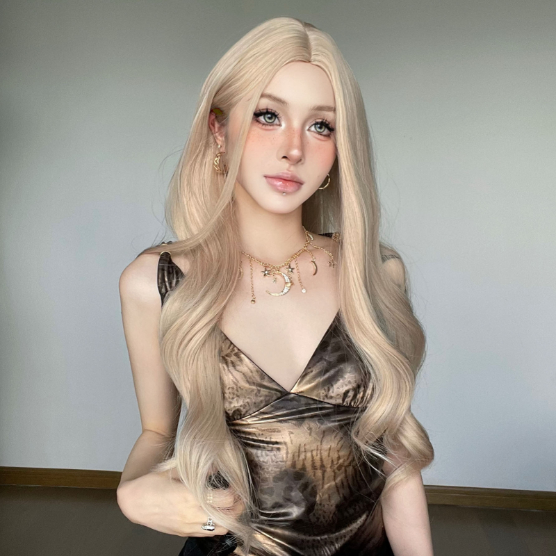 Perucă pentru femei: păr lung buclat cu breton diagonal, fibre rezistente la căldură