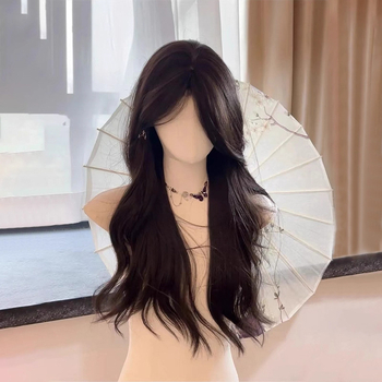 Perucă lungă buclată pentru femei, parte medie, fir rezistent la temperatură, mecanism de prelucrare