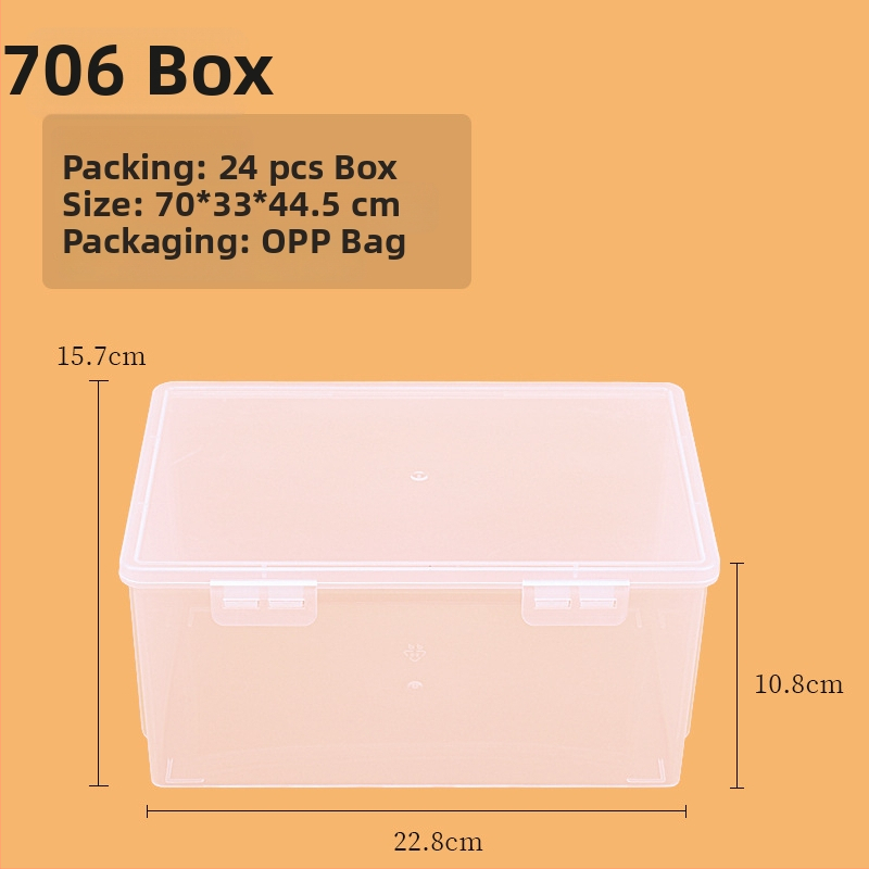 Cutie de depozitare din plastic, dreptunghiulară, transparentă, cu capac, model 705-709, 100% material nou, pentru organizarea articolelor de birou.