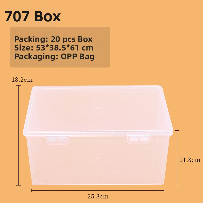 Cutie de depozitare din plastic, dreptunghiulară, transparentă, cu capac, model 705-709, 100% material nou, pentru organizarea articolelor de birou.