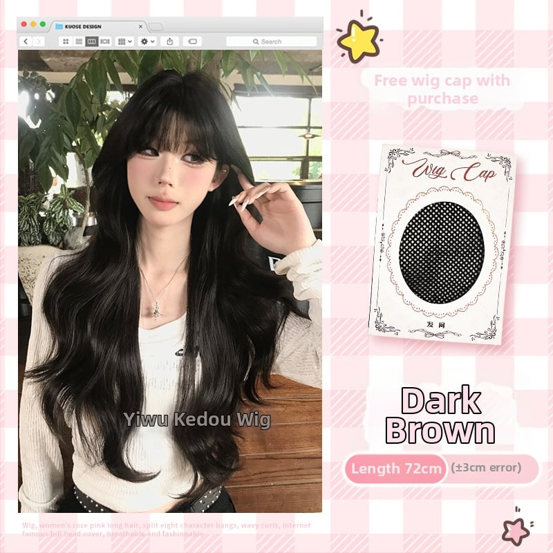 Perucă lungă buclată cu breton Qi, model L02, fibre rezistente la temperatură, mecanism