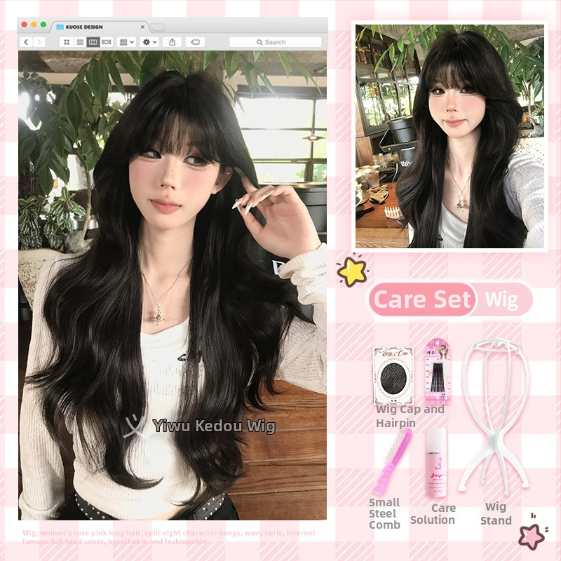 Perucă lungă buclată cu breton Qi, model L02, fibre rezistente la temperatură, mecanism