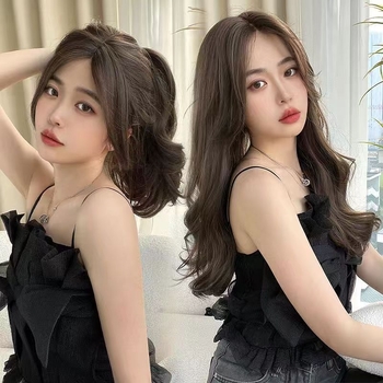 Perucă pentru femei, păr lung, aspect natural și acoperire totală, cu valuri mari și breton oblic; material: sârmă de înaltă temperatură; stil: coreean; vopsirea cu vopsea la temperaturi ridicate nu este recomandată