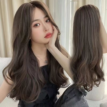 Perucă pentru femei, păr lung, aspect natural și acoperire totală, cu valuri mari și breton oblic; material: sârmă de înaltă temperatură; stil: coreean; vopsirea cu vopsea la temperaturi ridicate nu este recomandată