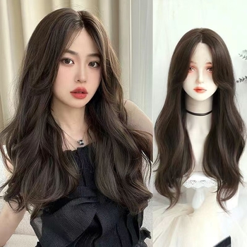 Perucă pentru femei, păr lung, aspect natural și acoperire totală, cu valuri mari și breton oblic; material: sârmă de înaltă temperatură; stil: coreean; vopsirea cu vopsea la temperaturi ridicate nu este recomandată