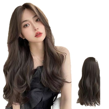 Perucă pentru femei, păr lung, aspect natural și acoperire totală, cu valuri mari și breton oblic; material: sârmă de înaltă temperatură; stil: coreean; vopsirea cu vopsea la temperaturi ridicate nu este recomandată