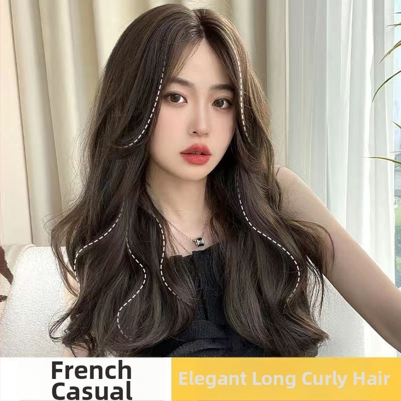 Perucă pentru femei, păr lung, aspect natural și acoperire totală, cu valuri mari și breton oblic; material: sârmă de înaltă temperatură; stil: coreean; vopsirea cu vopsea la temperaturi ridicate nu este recomandată