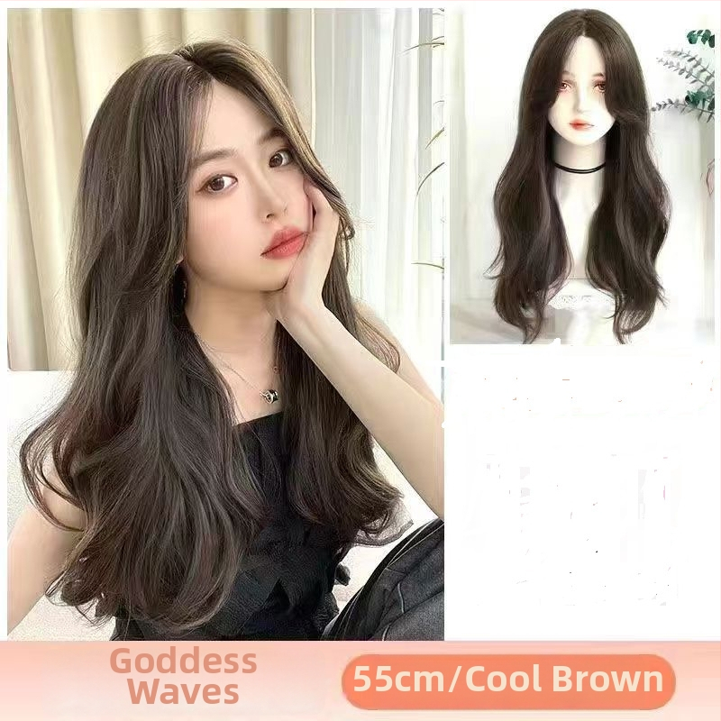 Perucă pentru femei, păr lung, aspect natural și acoperire totală, cu valuri mari și breton oblic; material: sârmă de înaltă temperatură; stil: coreean; vopsirea cu vopsea la temperaturi ridicate nu este recomandată