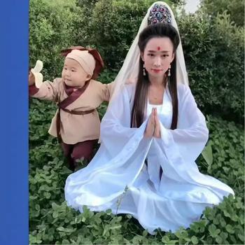Kostim za scensku izvedbu Guanyin Bodhisattva sa veoom — staro kazališni odjevni komad od poliestera; izlazi u proljeće 2023; pogodan za dob 18–24; bez oznake na ovratniku; bez etikete.