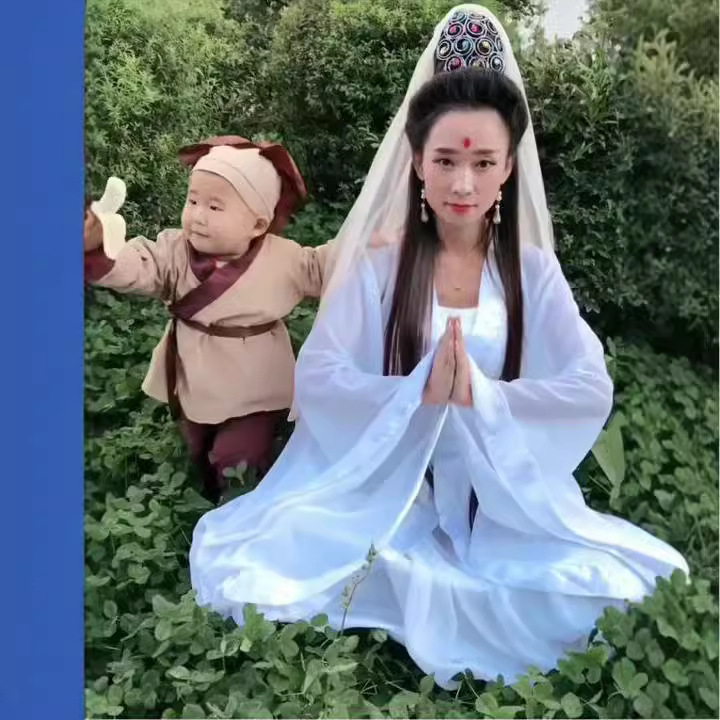 Kostim za scensku izvedbu Guanyin Bodhisattva sa veoom — staro kazališni odjevni komad od poliestera; izlazi u proljeće 2023; pogodan za dob 18–24; bez oznake na ovratniku; bez etikete.