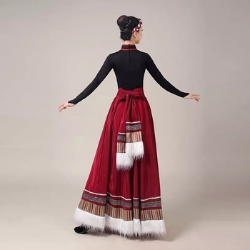 Tibetanski plesni kostim za žene – Top s vodnim rukavima i široka swing suknja, Chenille tkanina s Spandexom i Poliesterom, Proljeće 2025
