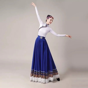 Tibetanski plesni kostim za žene – Top s vodnim rukavima i široka swing suknja, Chenille tkanina s Spandexom i Poliesterom, Proljeće 2025