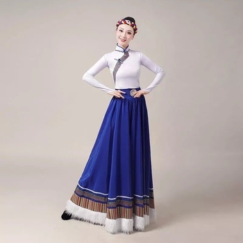 Tibetanski plesni kostim za žene – Top s vodnim rukavima i široka swing suknja, Chenille tkanina s Spandexom i Poliesterom, Proljeće 2025