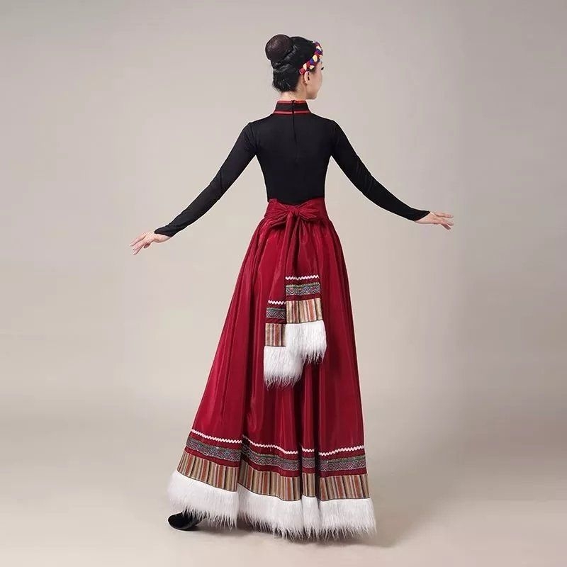 Tibetanski plesni kostim za žene – Top s vodnim rukavima i široka swing suknja, Chenille tkanina s Spandexom i Poliesterom, Proljeće 2025