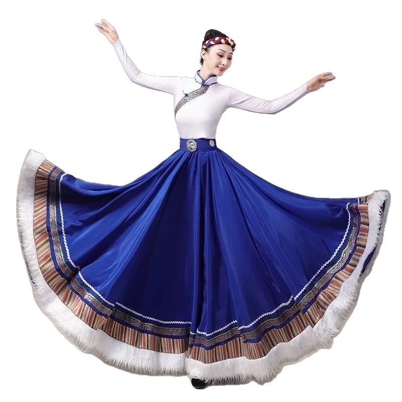 Tibetanski plesni kostim za žene – Top s vodnim rukavima i široka swing suknja, Chenille tkanina s Spandexom i Poliesterom, Proljeće 2025
