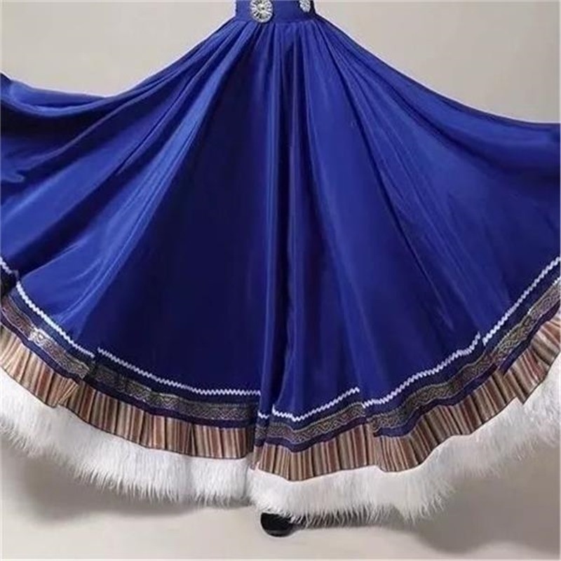 Tibetanski plesni kostim za žene – Top s vodnim rukavima i široka swing suknja, Chenille tkanina s Spandexom i Poliesterom, Proljeće 2025