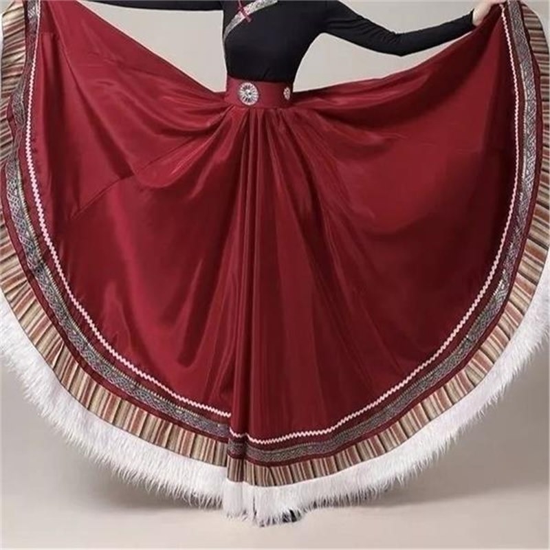 Tibetanski plesni kostim za žene – Top s vodnim rukavima i široka swing suknja, Chenille tkanina s Spandexom i Poliesterom, Proljeće 2025